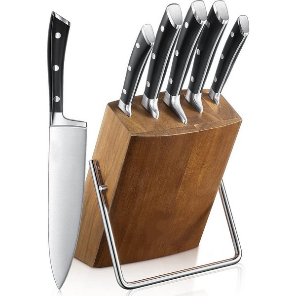 FOHERE Messer-Set Messerset mit Holzblock, durchgehendem Erl & Griff mit Dreifachnietung (Set, 6-tlg)