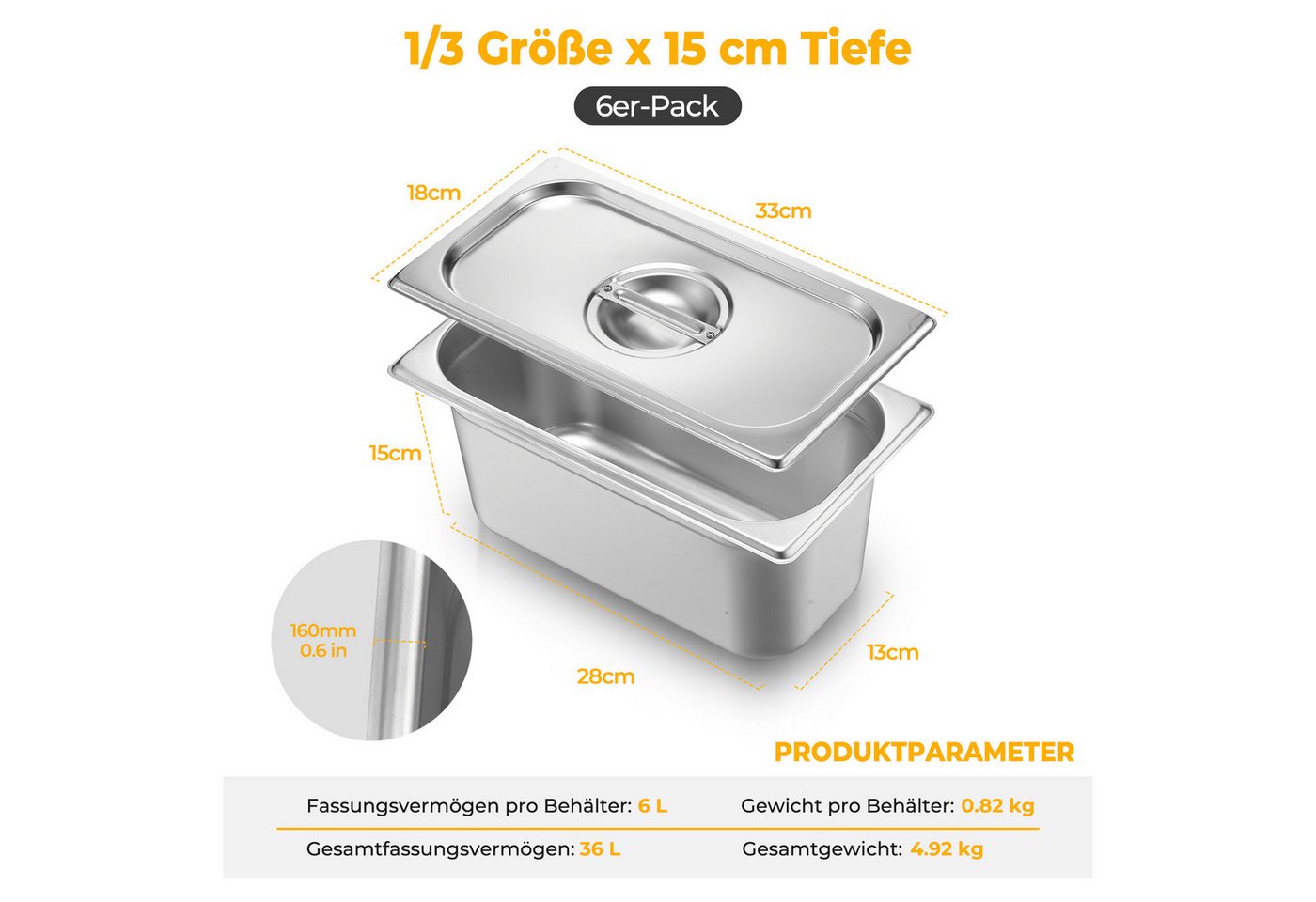 FOHERE Thermobehälter Thermobehälter GN Behälter 1/3 mit Deckel, aus Edelstahl, Edelstahl, (6-tlg), 33 x 18 x 15 cm, silber – Bild 2 von 5