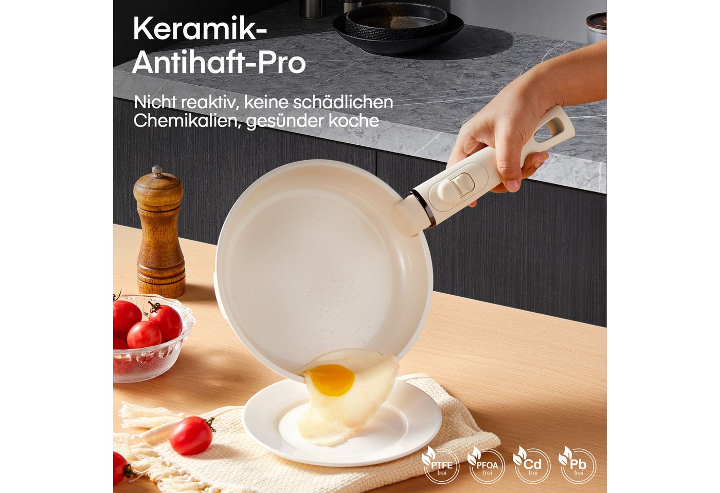 FOHERE Topf-Set 16-teiliges Topf- und Pfannenset, antihaftbeschichtet, Keramik-Antihaftbeschichtung (Set, 16-tlg), mit abnehmbarem Griff – Bild 2 von 5