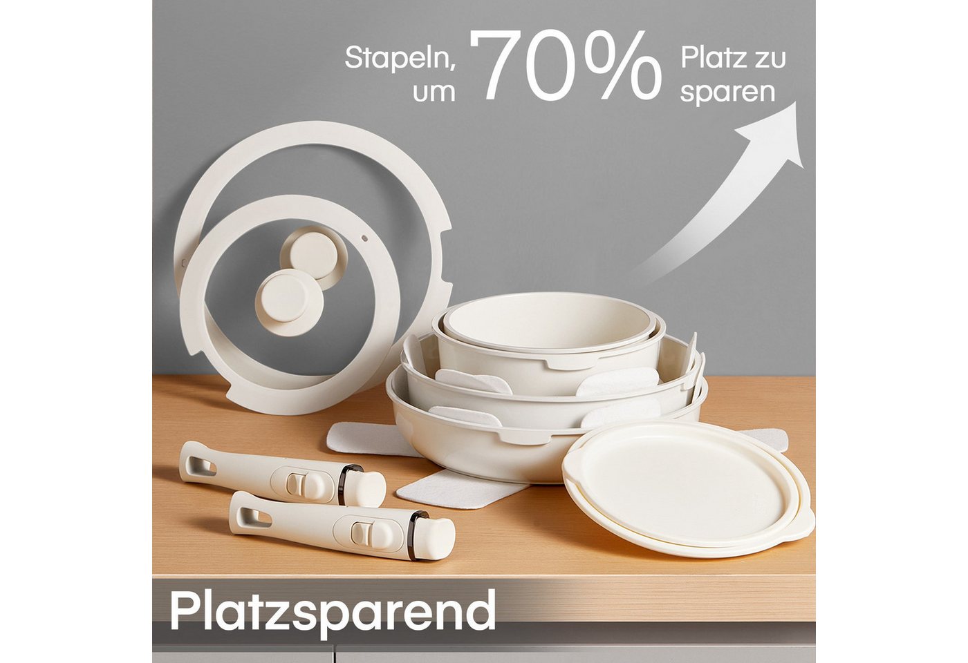 FOHERE Topf-Set 16-teiliges Topf- und Pfannenset, antihaftbeschichtet, Keramik-Antihaftbeschichtung (Set, 16-tlg), mit abnehmbarem Griff – Bild 4 von 5