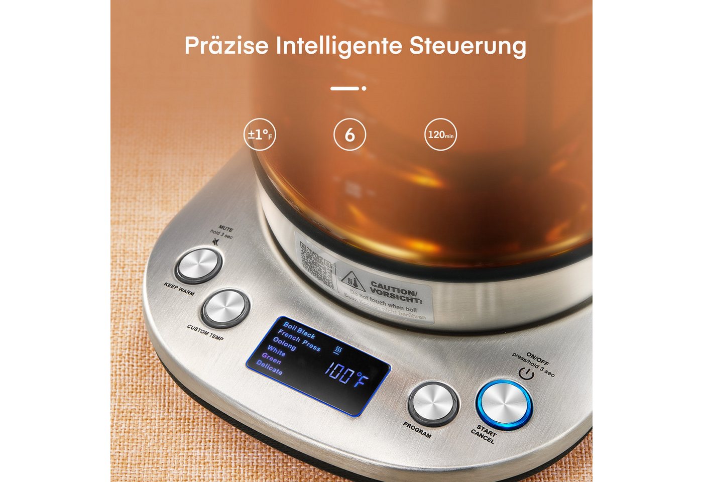 FOHERE Wasserkocher mit Temperatureinstellung 6 Voreinstellungen und Warmhaltefunktion, 1.7 l, 2200 W, mit 10-Minuten-Speicherfunktion – Bild 3 von 5