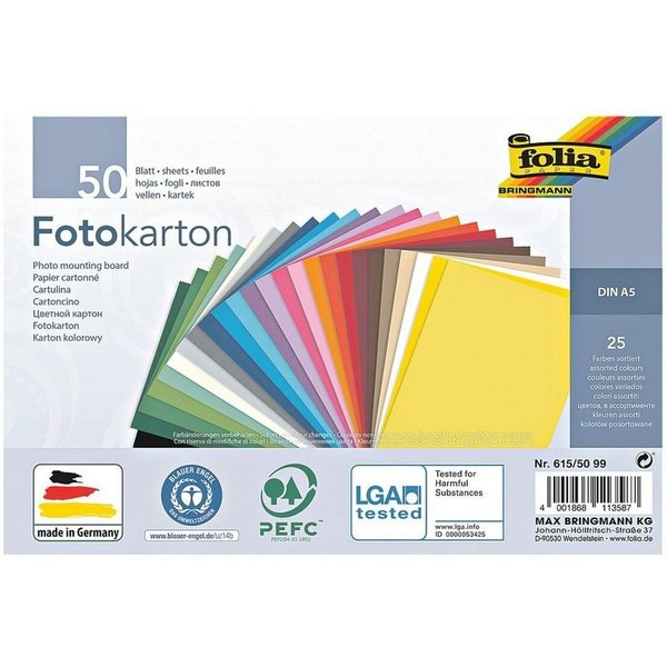 Folia Bastelkartonpapier, Fotokarton 25 Farben, A5, 300 g/m², 50 Blatt