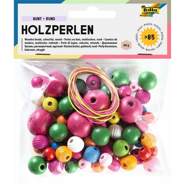 folia Holzperlen bunt, 84 Stk., versch. Größen, mit Gummiband