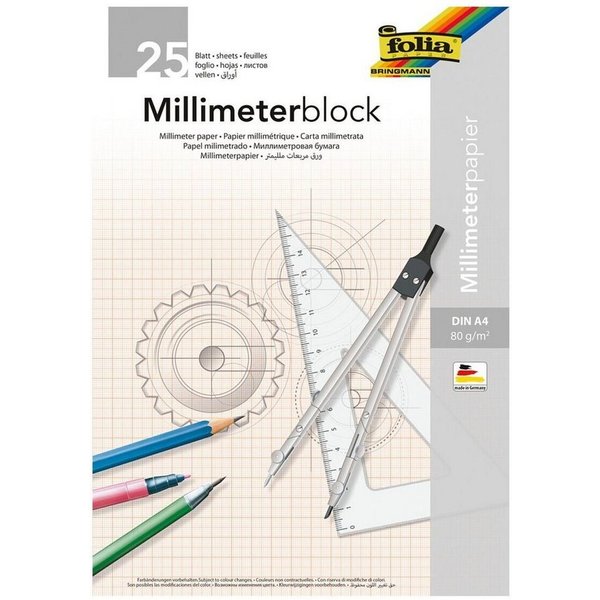 Folia Millimeterpapier, mit 1 mm-Raster-Lineatur, Format A4, 25 Blatt