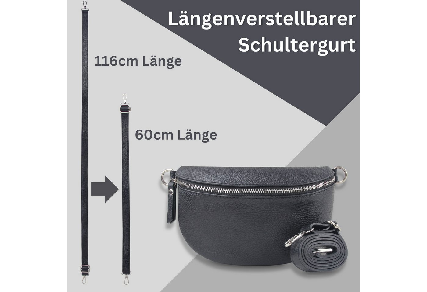 Fomax Umhängetasche Damen aus Echtleder, Made in Italy, Crossbody Schulter/Bauchtasche, mit silbernem Reißverschluss, verstellbarer Schulterriemen, Größe Midi – Bild 2 von 5