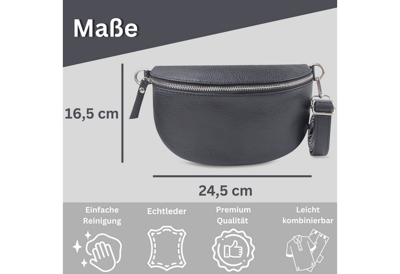 Fomax Umhängetasche Damen aus Echtleder, Made in Italy, Crossbody Schulter/Bauchtasche, mit silbernem Reißverschluss, verstellbarer Schulterriemen, Größe Midi – Bild 3 von 5