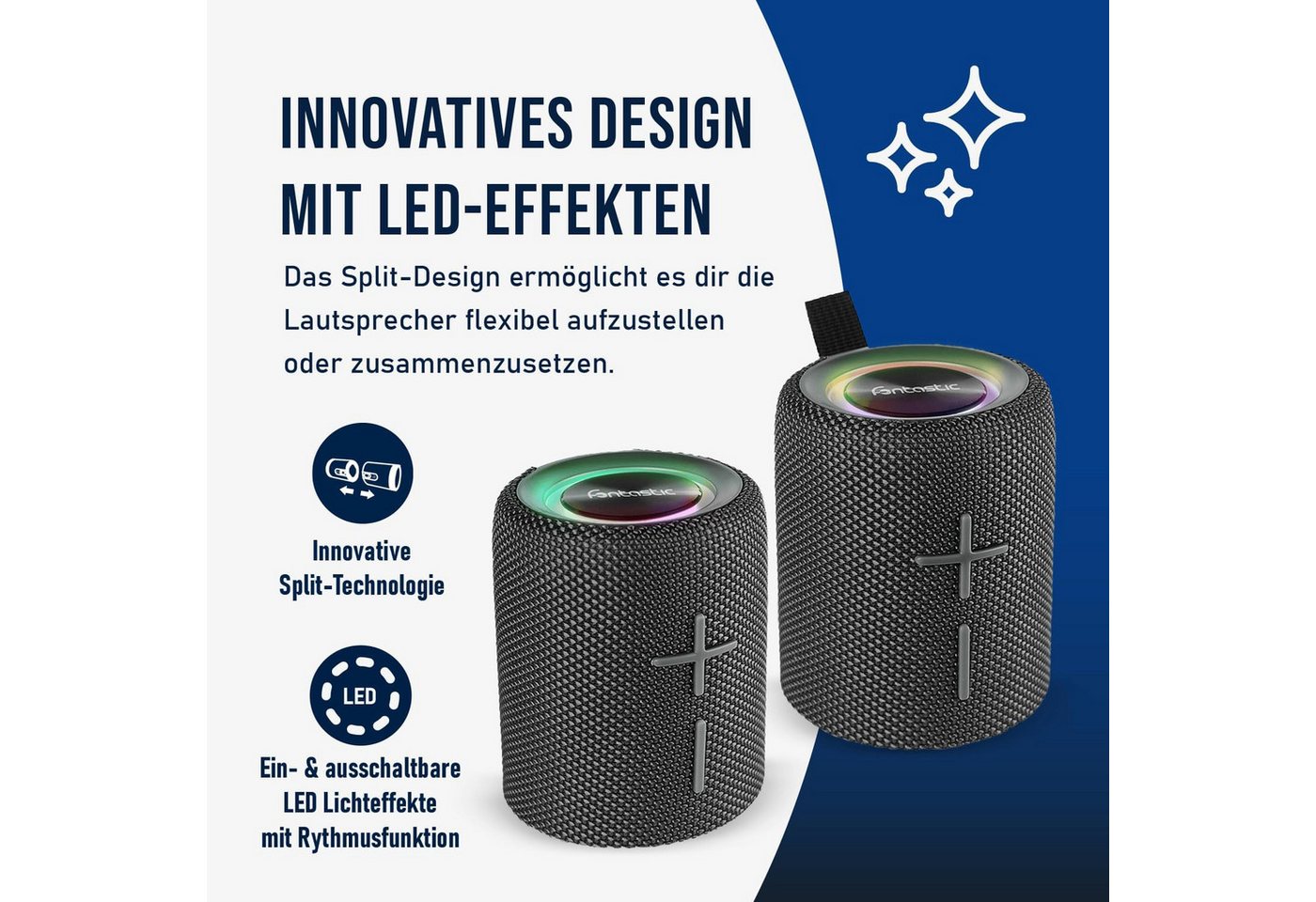 fontastic Cora Bluetooth Lautsprecher Box TWS Portable Speaker LED IPX5 Bluetooth-Lautsprecher (Hochauflösendes Klangbild) – Bild 3 von 5