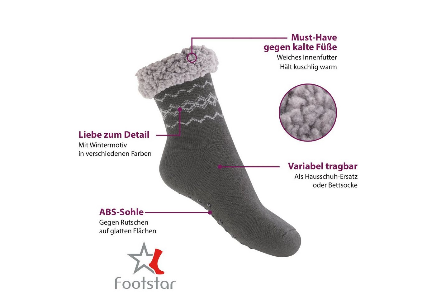 Footstar ABS-Socken Winter Haussocken Damen & Herren 1er oder 2er Kuschelsocken – Bild 2 von 4