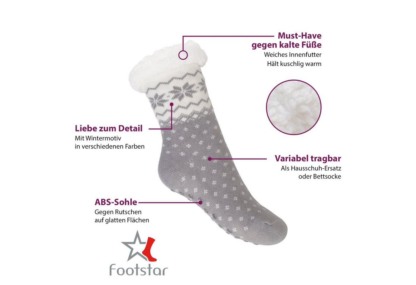 Footstar ABS-Socken Winter Haussocken Damen & Herren 1er oder 2er Kuschelsocken – Bild 2 von 5
