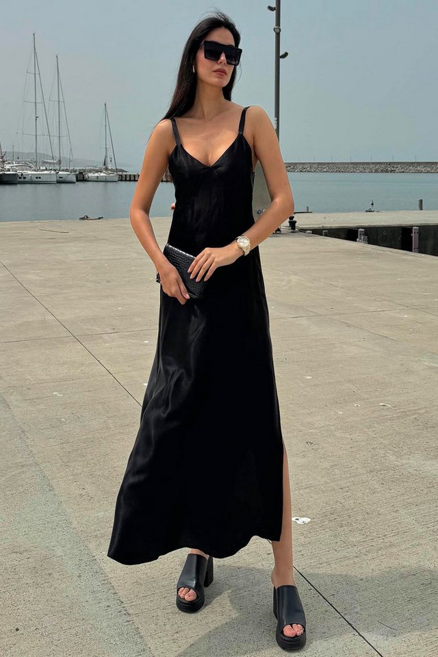 For You Moda Midikleid Satin-Split-Schwarzes Kleid mit Trägern – Bild 3 von 4