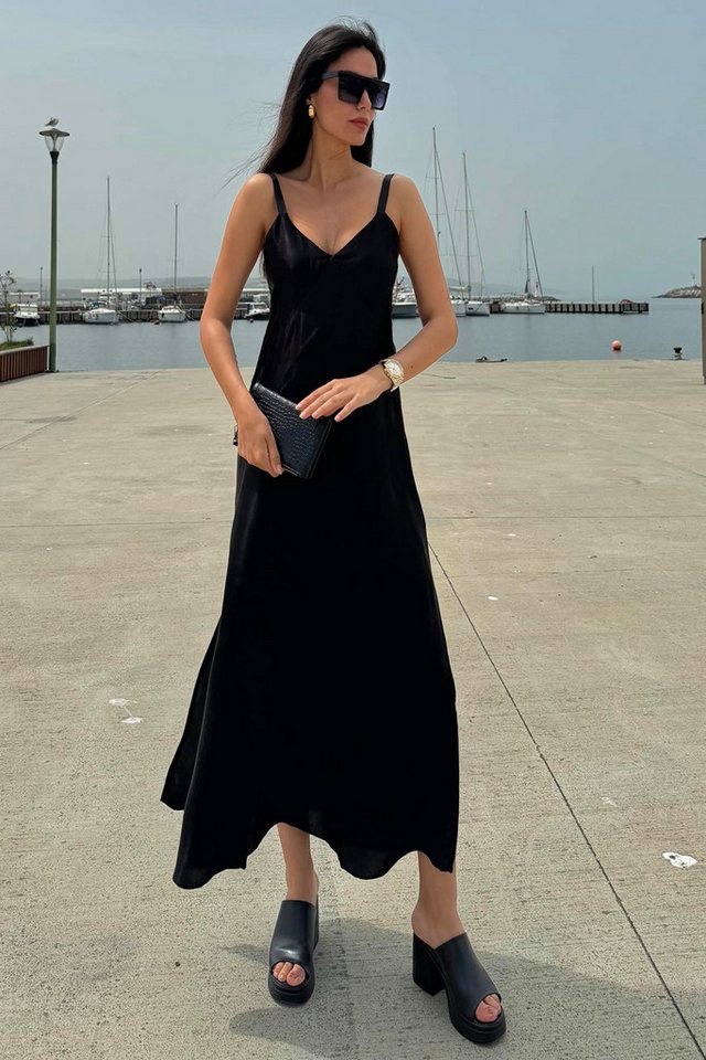 For You Moda Midikleid Satin-Split-Schwarzes Kleid mit Trägern – Bild 4 von 4