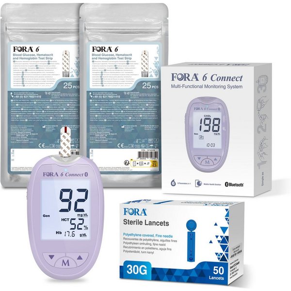FORA Cholesterin Messgerät 6 Connect, Blutzucker, Keton, Cholesterin, Harnsäure, Hämoglobin, Hämatokrit Test, All-in-One Gesundheits Messgerät für die Familie