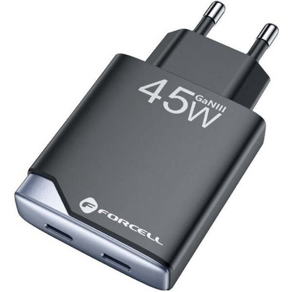 Forcell 2C USB-Ladegerät (3000 mA, Einzelgerät, Ultra Slim GaN III Ladegerät 45 W mit 2x USB-C)