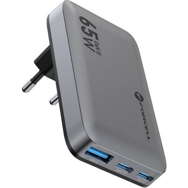 Forcell FORCELL GaN Ladegerät 65W 2x USB-C + USB-A Grau Smartphone-Ladegerät (Ladegerät mit 65W Schnellladeleistung)