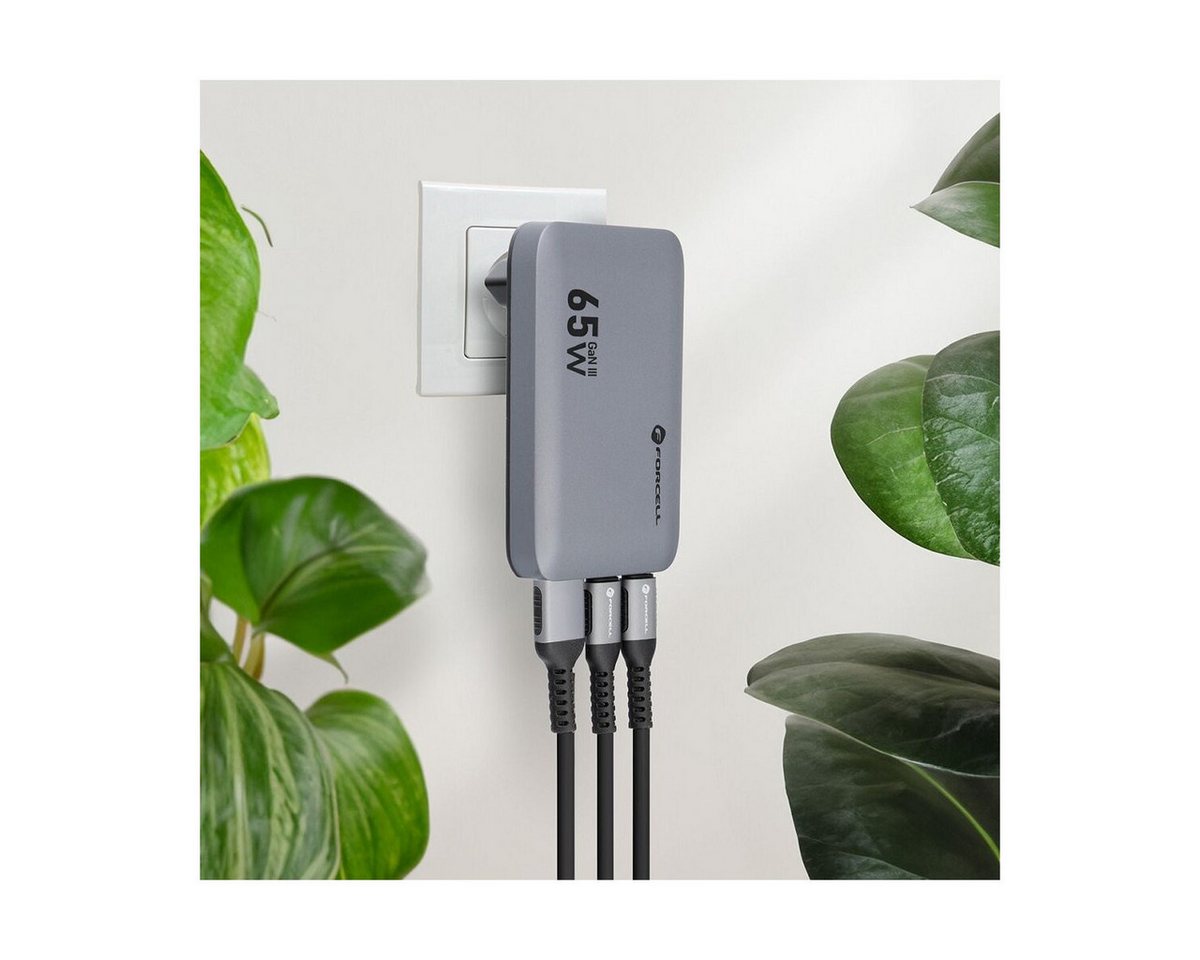 Forcell FORCELL GaN Ladegerät 65W 2x USB-C + USB-A Grau Smartphone-Ladegerät (Ladegerät mit 65W Schnellladeleistung) – Bild 5 von 5