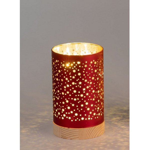 formano LED Dekolicht in Rot aus Glas mit Holzsockel und Sternenmotiv, LED fest integriert