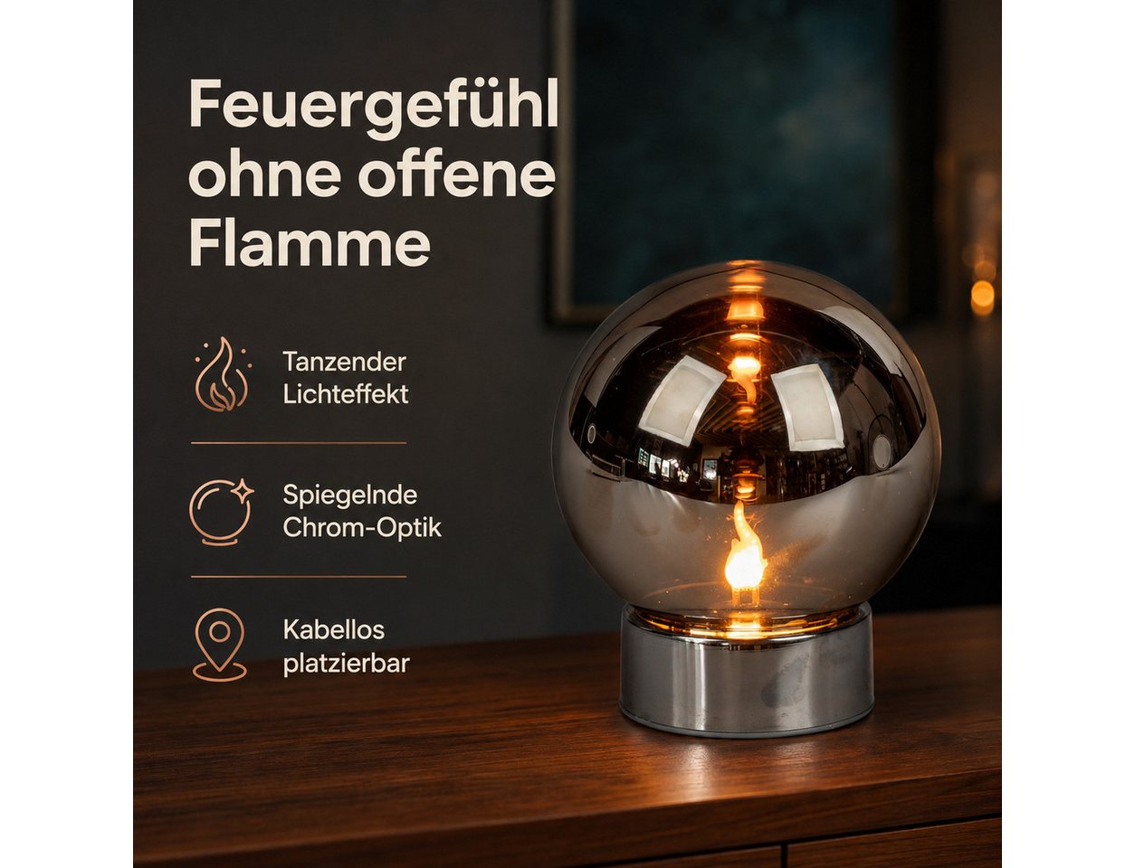 formano LED Dekolicht LED Deko-Kugel Magic Flame Silber Glas 15 cm Timer Flammeneffekt, LED fest integriert – Bild 2 von 5