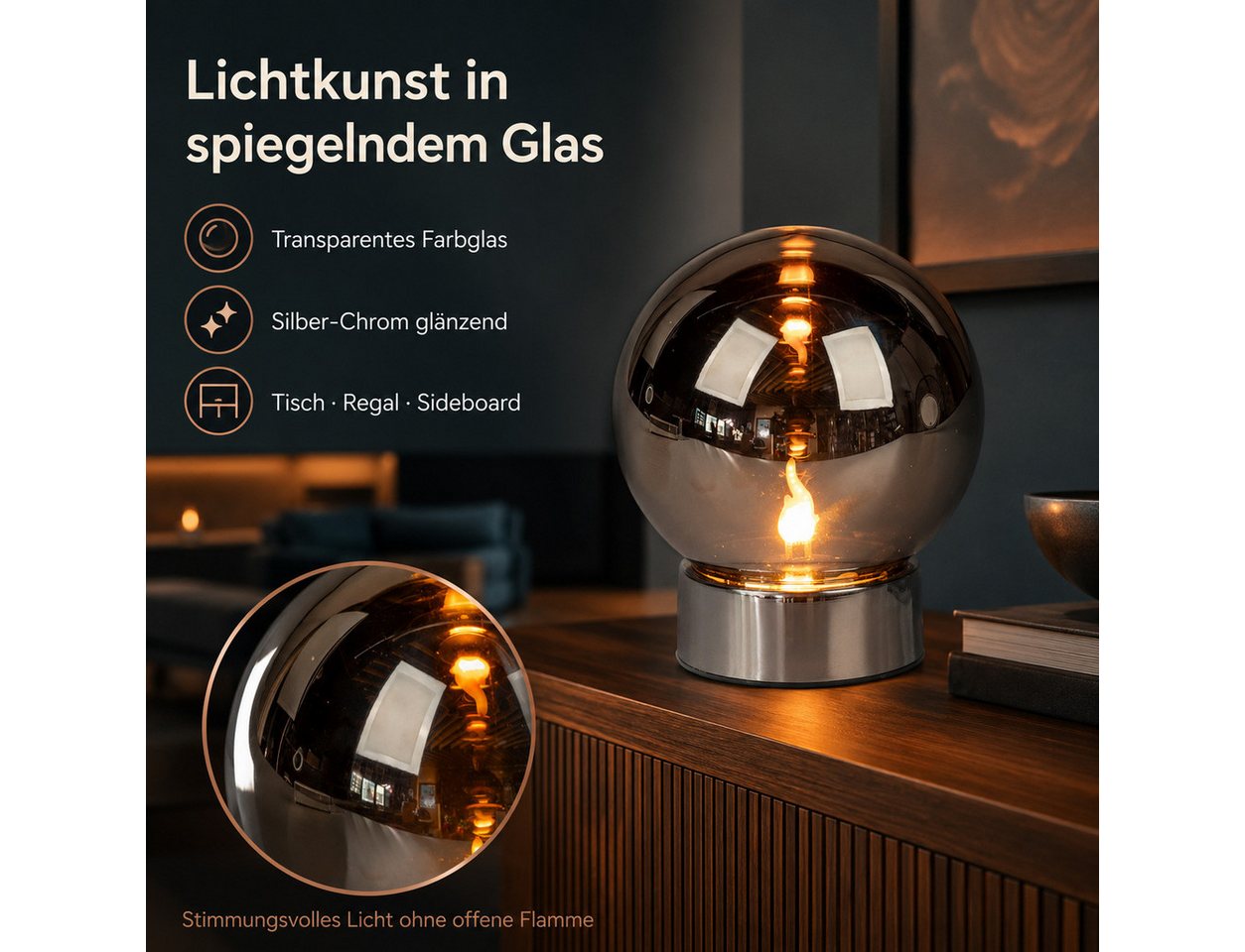 formano LED Dekolicht LED Deko-Kugel Magic Flame Silber Glas 15 cm Timer Flammeneffekt, LED fest integriert – Bild 5 von 5