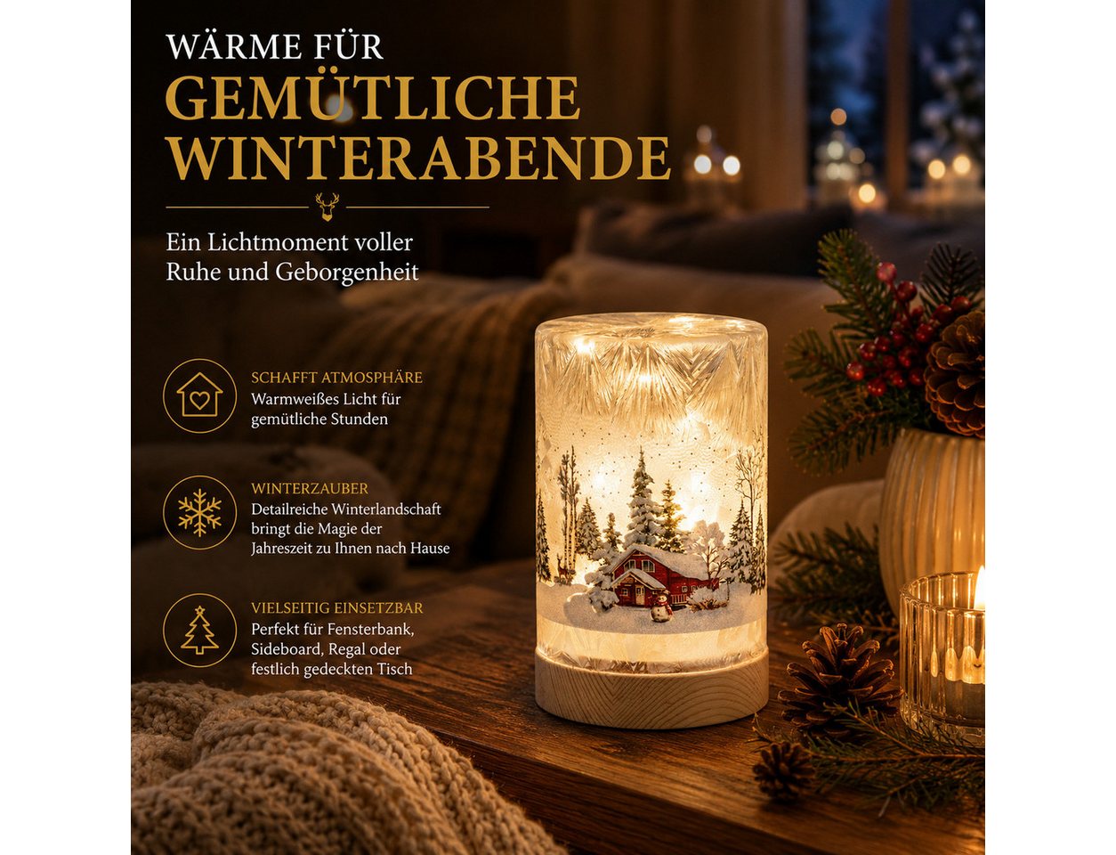 formano LED Dekolicht LED Deko Licht Winterlandschaft Leuchtglas Holzsockel 15cm Timer 6/18h, LED fest integriert – Bild 2 von 5