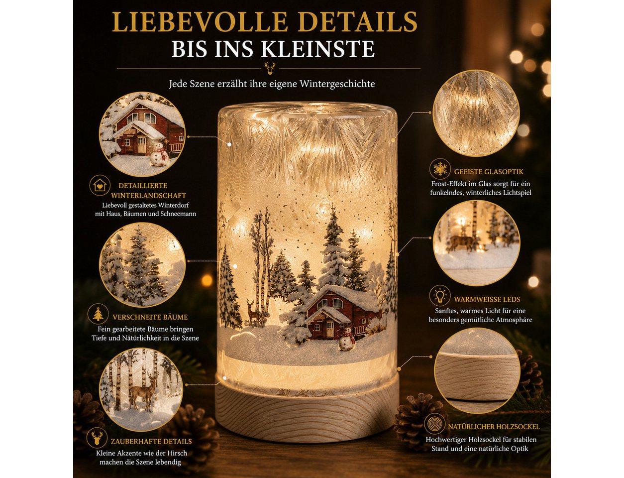 formano LED Dekolicht LED Deko Licht Winterlandschaft Leuchtglas Holzsockel 15cm Timer 6/18h, LED fest integriert – Bild 3 von 5