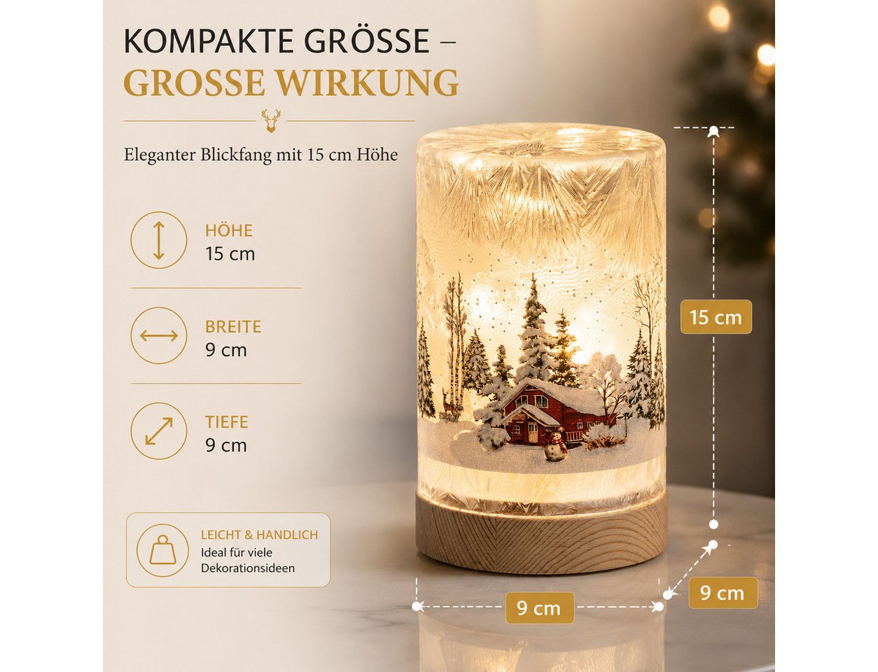formano LED Dekolicht LED Deko Licht Winterlandschaft Leuchtglas Holzsockel 15cm Timer 6/18h, LED fest integriert – Bild 4 von 5