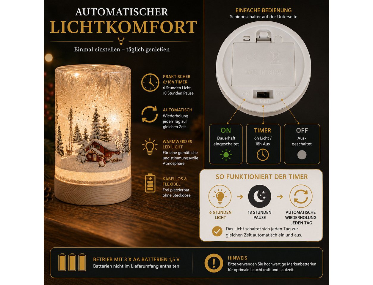 formano LED Dekolicht LED Deko Licht Winterlandschaft Leuchtglas Holzsockel 15cm Timer 6/18h, LED fest integriert – Bild 5 von 5