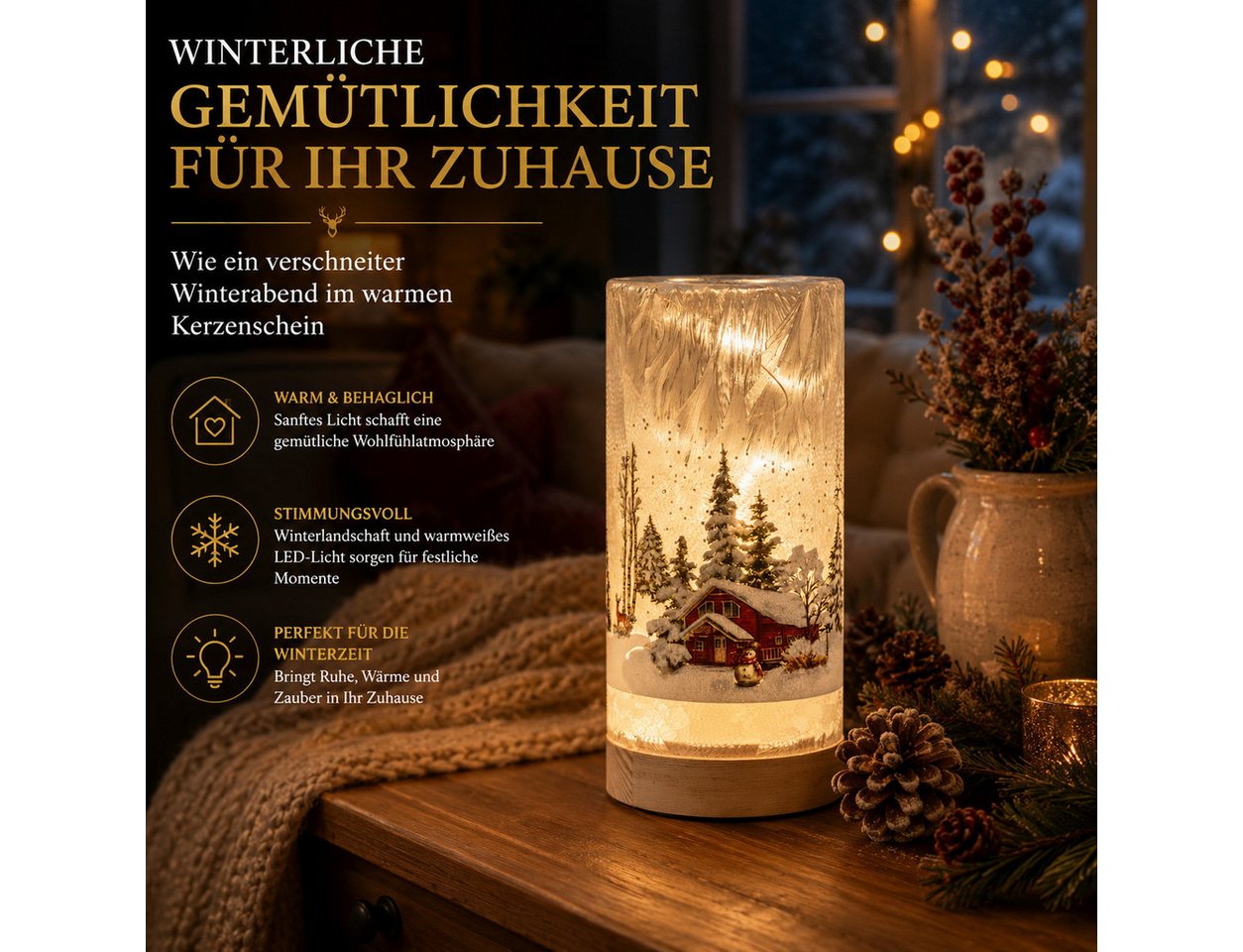 formano LED Dekolicht LED Deko Licht Winterlandschaft Leuchtglas Holzsockel 20cm Timer 6/18h, LED fest integriert – Bild 2 von 5