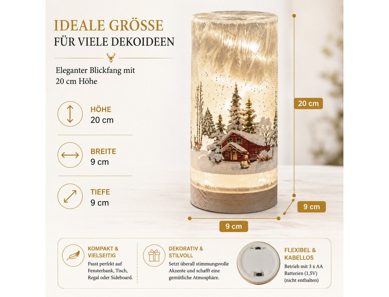 formano LED Dekolicht LED Deko Licht Winterlandschaft Leuchtglas Holzsockel 20cm Timer 6/18h, LED fest integriert – Bild 4 von 5