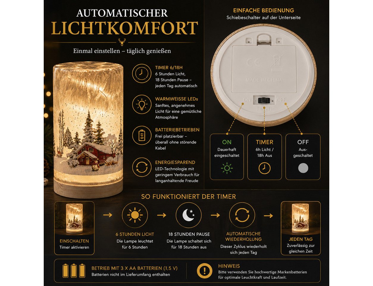 formano LED Dekolicht LED Deko Licht Winterlandschaft Leuchtglas Holzsockel 20cm Timer 6/18h, LED fest integriert – Bild 5 von 5