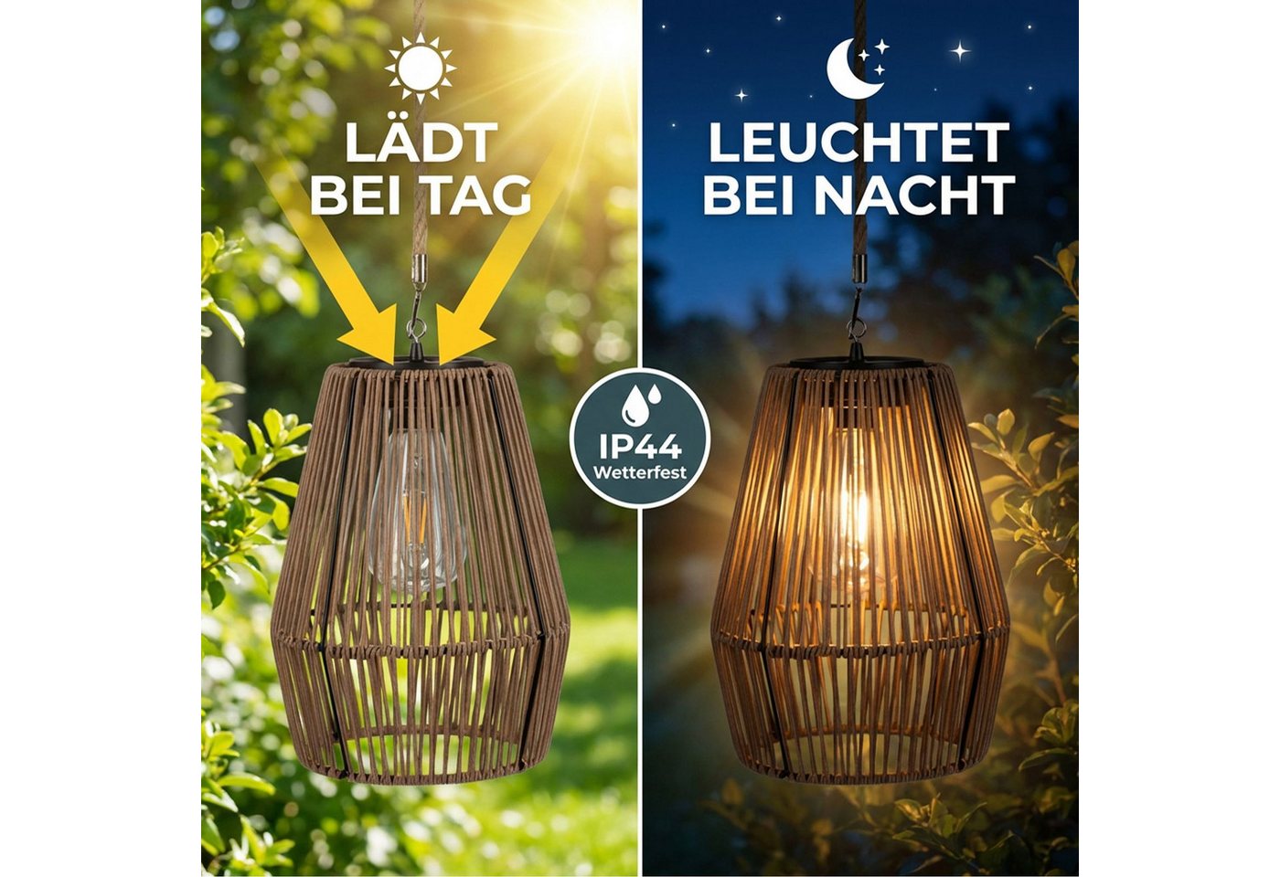 formano LED Laterne Solarlaterne Hängend IP44 Deko Gartenlaterne Flechtoptik warmweiß, LED fest integriert – Bild 4 von 5