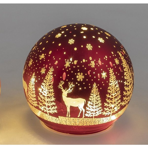 formano Weihnachtsbaumkugel Deko Kugel Licht rot mit Hirsch und Bäume LED-Licht mit Timer, 15 cm, Glas