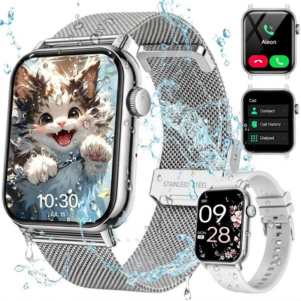 Forrlite 2026 Neues Smartwatch Damen Herren mit Telefonfunktion, Smartwatch 1.85'' HD Fitnessuhr,Silikonarmband + Metallarmband Kombinationsset,Smart Watch for 