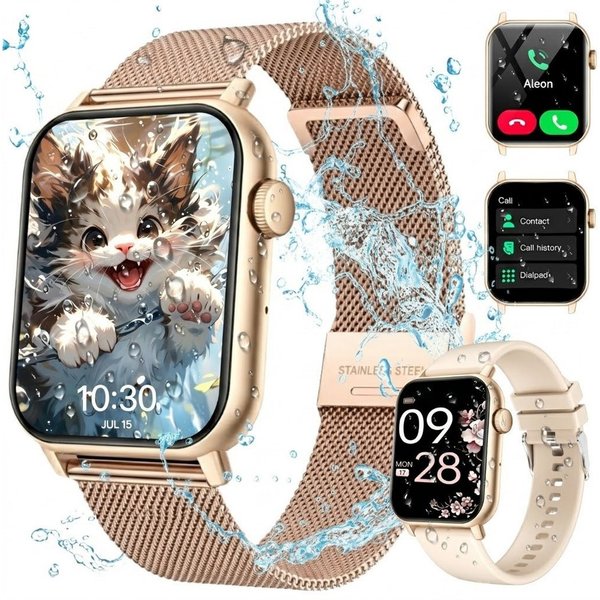 Forrlite 2026 Neues Smartwatch Damen Herren mit Telefonfunktion, Smartwatch 1.85'' HD Fitnessuhr,Silikonarmband + Metallarmband Kombinationsset,Smart Watch for 