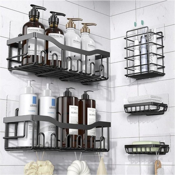 Forrlite Duschablage Duschablage Ohne Bohren, 5 Stück Duschregal Badezimmer Organizer, Badregal Shampoo Halterung für Dusche, Schwarz Duschkorb Regal, Rostfreie