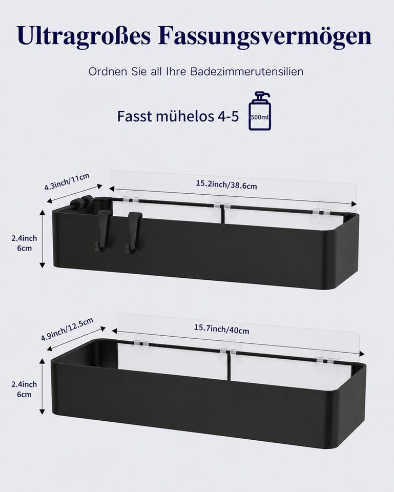 Forrlite Duschregal Duschablage ohne Bohren 2er Set, rostfreies Badregal mit 4 Haken, Duschablage ohne Bohren 2er Set, schwarzes rostfreies Badregal selbstklebe – Bild 3 von 5