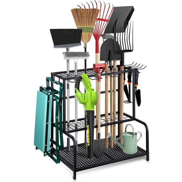 Forrlite Gartengerätehalter Werkzeugständer, Werkzeugregal für Garten, (Geräteorganizer für Garage, Keller, Schuppen und Terrasse, 74 × 41 × 66 cm, 3 Ebenen, 11