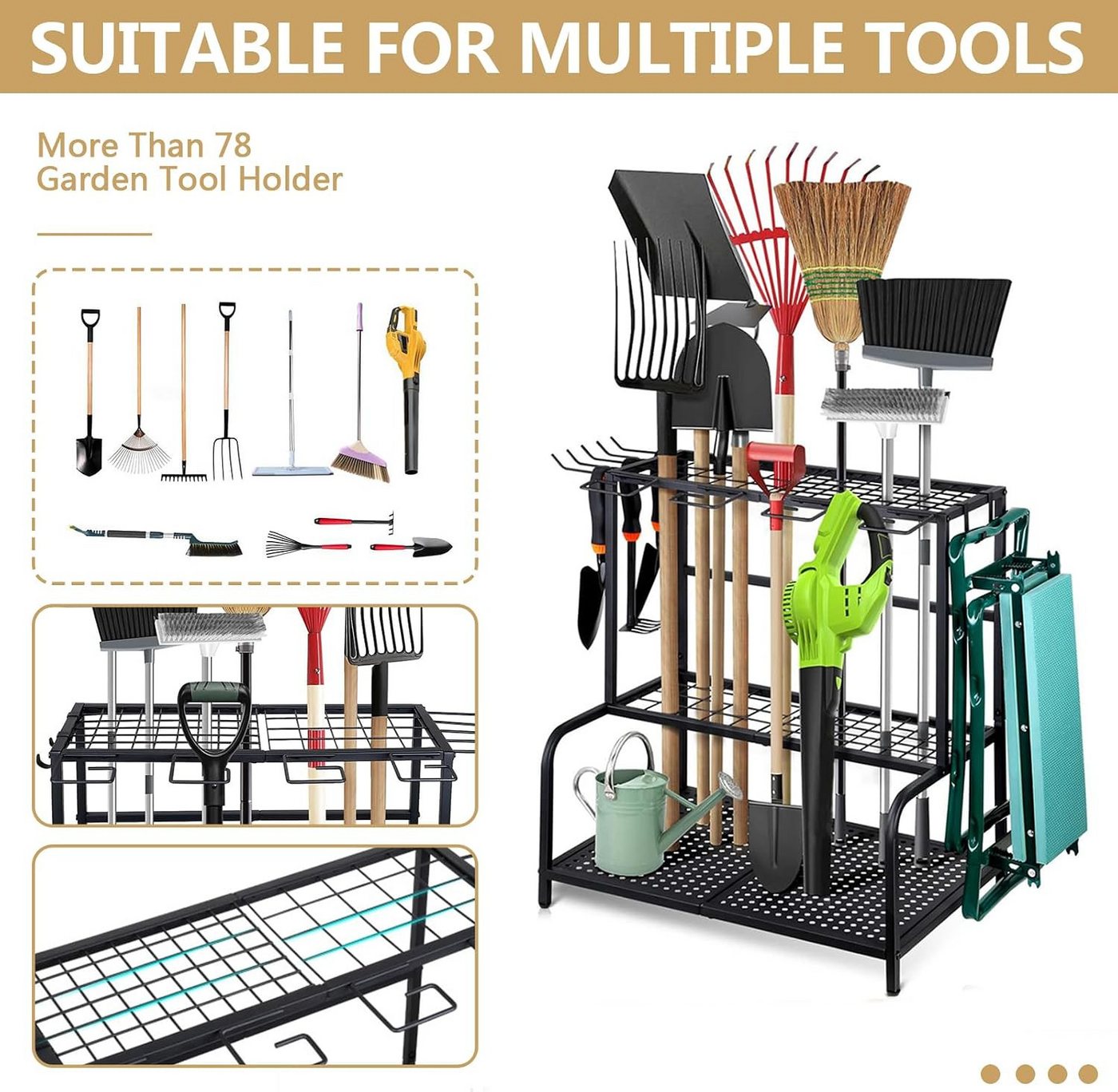 Forrlite Gartengerätehalter Werkzeugständer, Werkzeugregal für Garten, (Geräteorganizer für Garage, Keller, Schuppen und Terrasse, 74 × 41 × 66 cm, 3 Ebenen, 11 – Bild 3 von 5