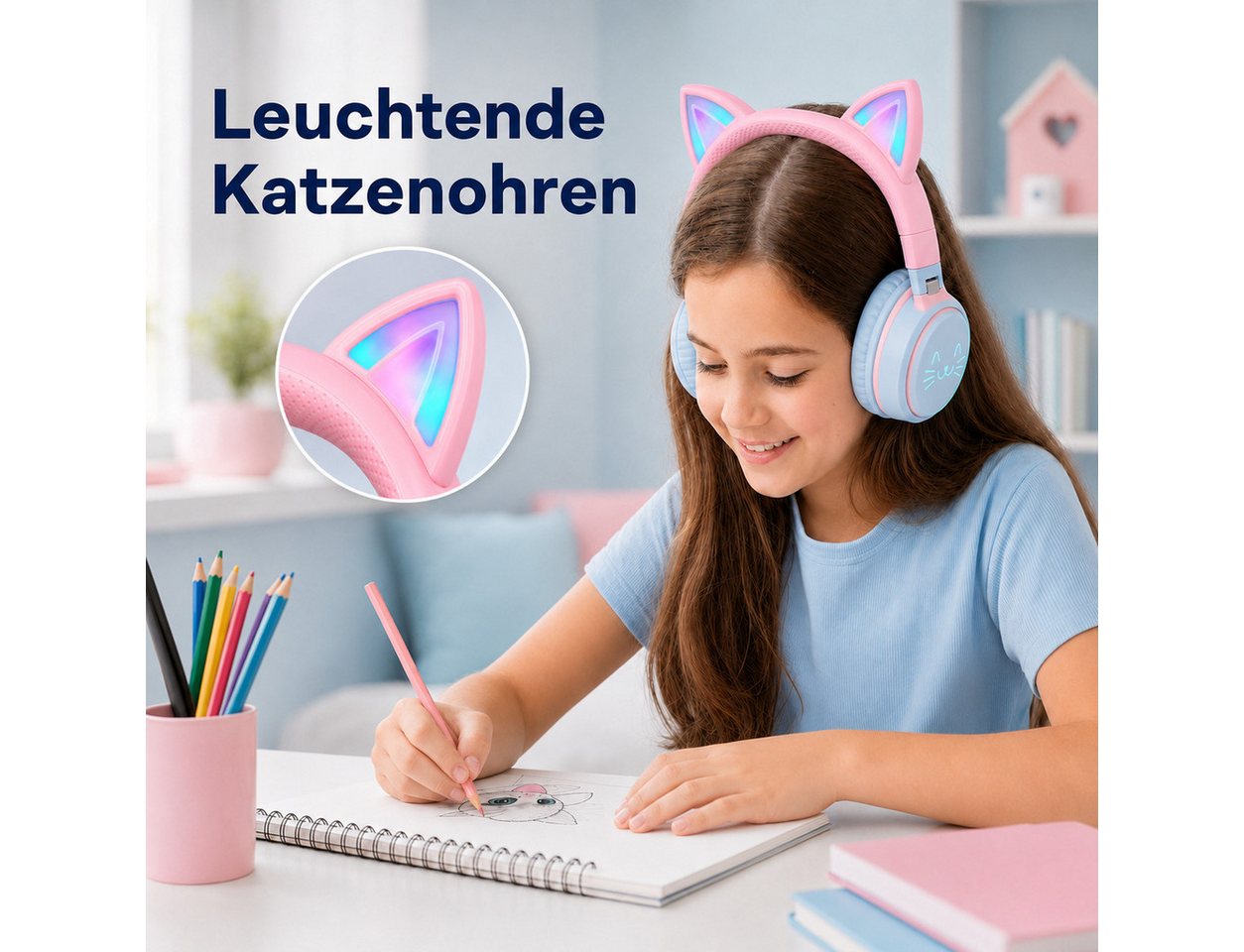 Forrlite Kinderkopfhörer Bluetooth 5.3 mit RGB-Katzenohren, Over-Ear-Kopfhörer Bluetooth-Kopfhörer (kompatibel mit Tablet/Computer/Telefon, 10 Std. Laufzeit, fa – Bild 2 von 5