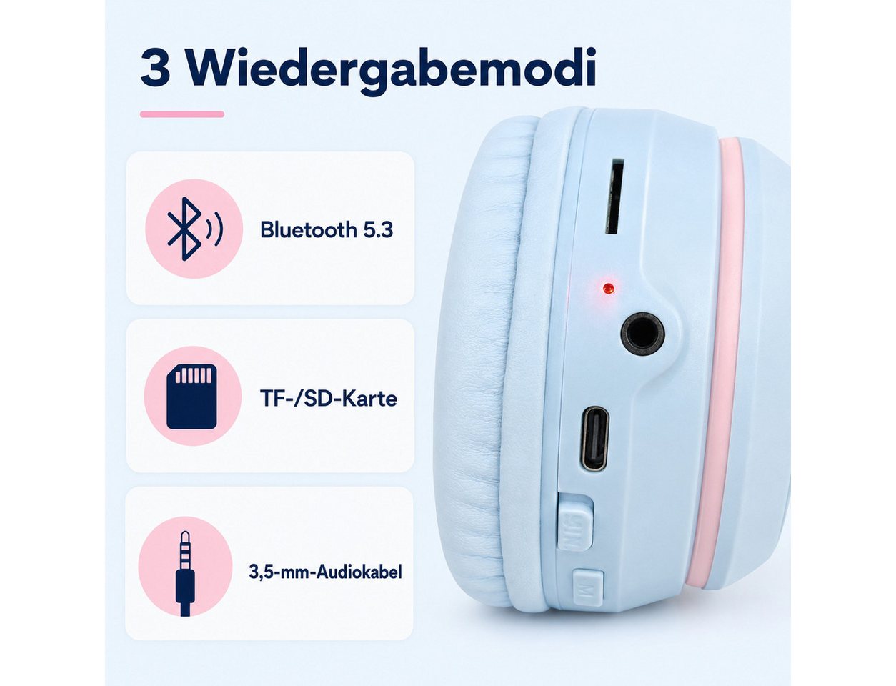 Forrlite Kinderkopfhörer Bluetooth 5.3 mit RGB-Katzenohren, Over-Ear-Kopfhörer Bluetooth-Kopfhörer (kompatibel mit Tablet/Computer/Telefon, 10 Std. Laufzeit, fa – Bild 3 von 5
