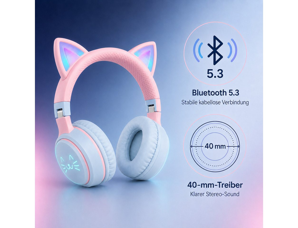 Forrlite Kinderkopfhörer Bluetooth 5.3 mit RGB-Katzenohren, Over-Ear-Kopfhörer Bluetooth-Kopfhörer (kompatibel mit Tablet/Computer/Telefon, 10 Std. Laufzeit, fa – Bild 4 von 5