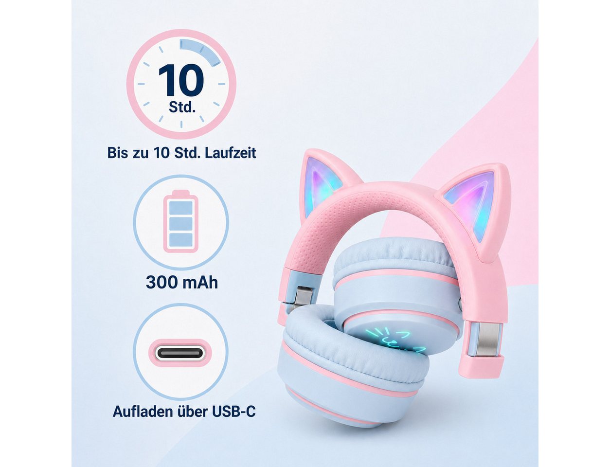 Forrlite Kinderkopfhörer Bluetooth 5.3 mit RGB-Katzenohren, Over-Ear-Kopfhörer Bluetooth-Kopfhörer (kompatibel mit Tablet/Computer/Telefon, 10 Std. Laufzeit, fa – Bild 5 von 5