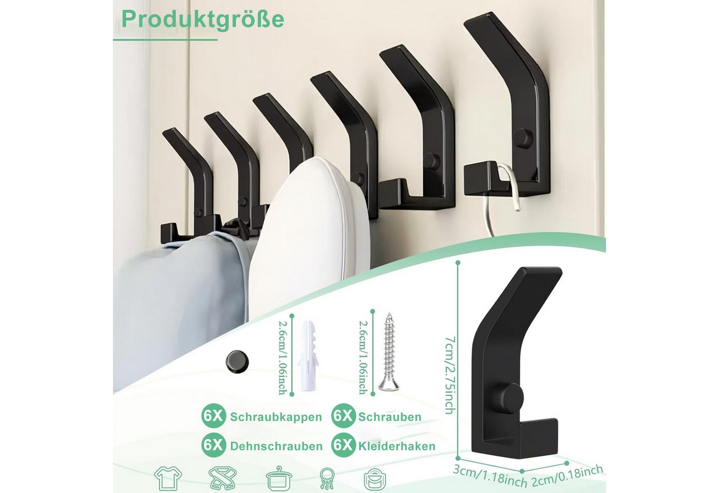 Forrlite Kleiderhaken, Garderobenhaken, Kleiderhaken zum Schrauben, Wandgarderobe, (Haken für Akustikpaneele, Schlafzimmer, Wohnzimmer, Badezimmer, (6-St), Wand – Bild 2 von 5