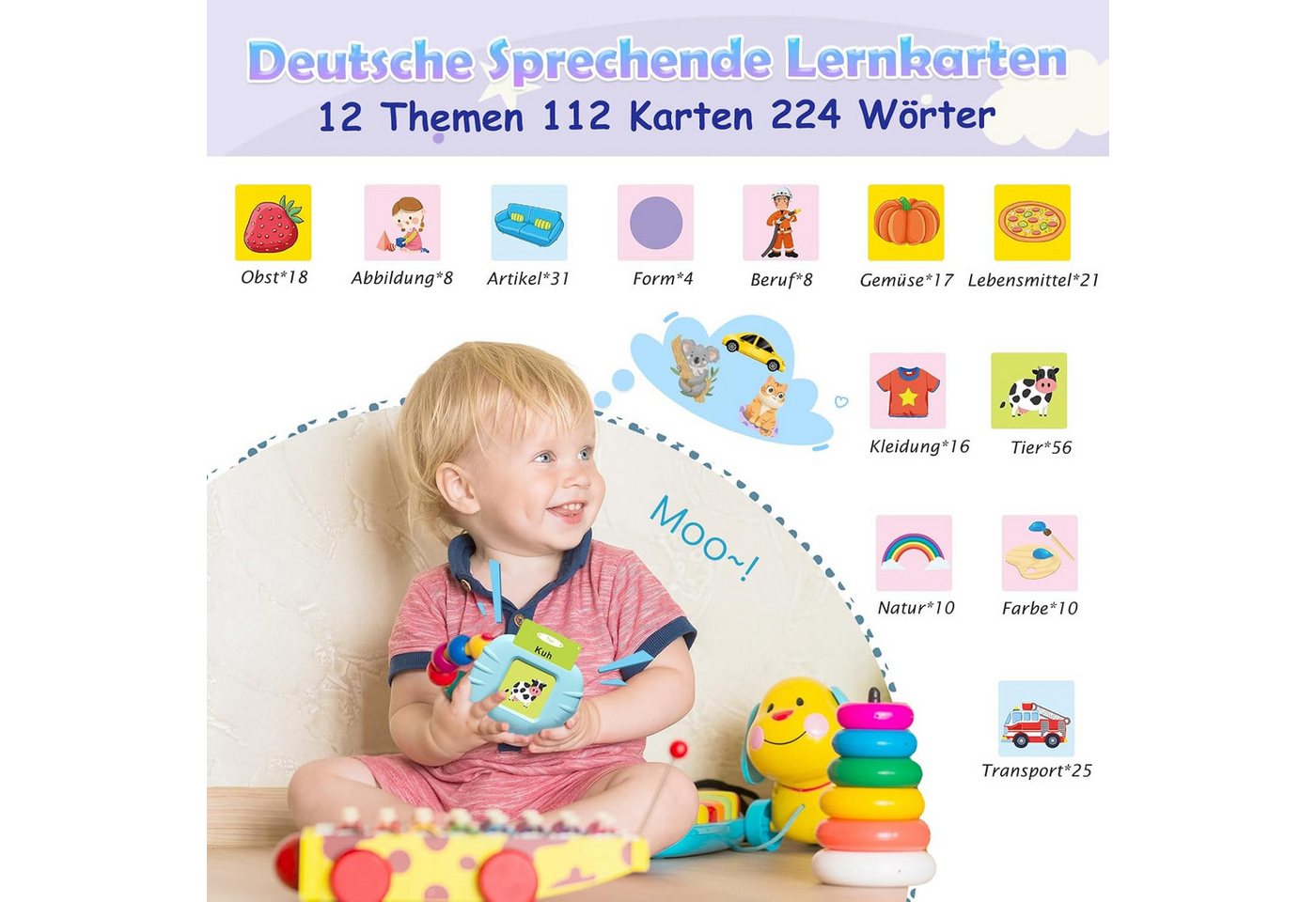 Forrlite Lernspielzeug Sprechende Lernkarten, Sprachlernspielzeug (Wortlernspiel, Sprachspiel, Flashkarten Deutsch & Englisch ab 3 Jahren), 112 doppelseitige Le – Bild 2 von 5
