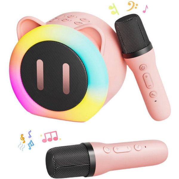 Forrlite Mikrofon Mini Bluetooth Karaoke Maschine mit 2 Drahtlosen Mikrofonen (mit Sprachveränderungseffekten und LED-Licht), Tragbare Bluetooth Lautsprecher Bo