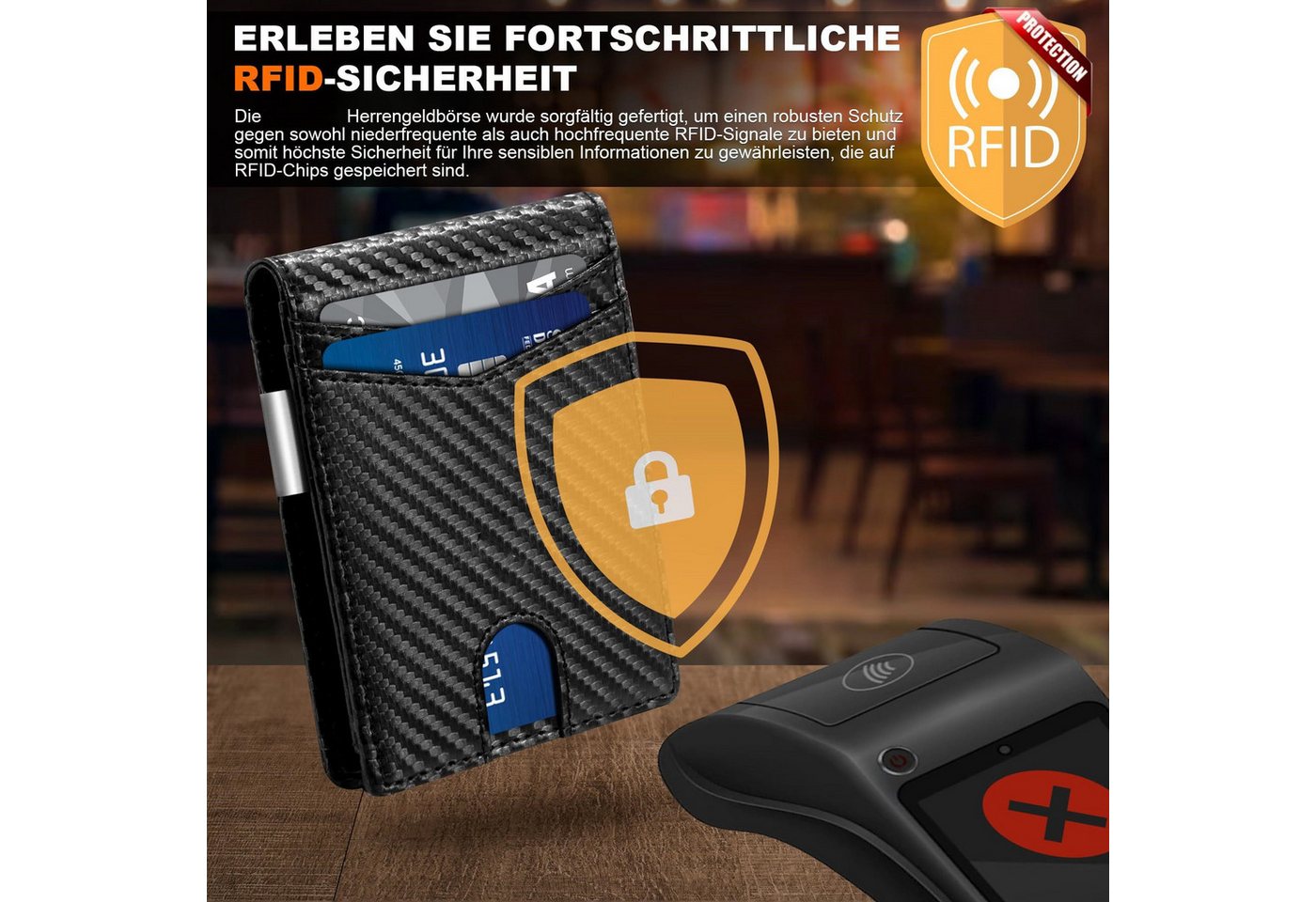 Forrlite Mini Geldbörse Geldbörse Herren Slim Wallet RFID Blocking Kohlefaserleder (Portmonee Herren mit 11 Kartenetui, Ausweisfenster, Geldscheinklammer, Minim – Bild 3 von 5