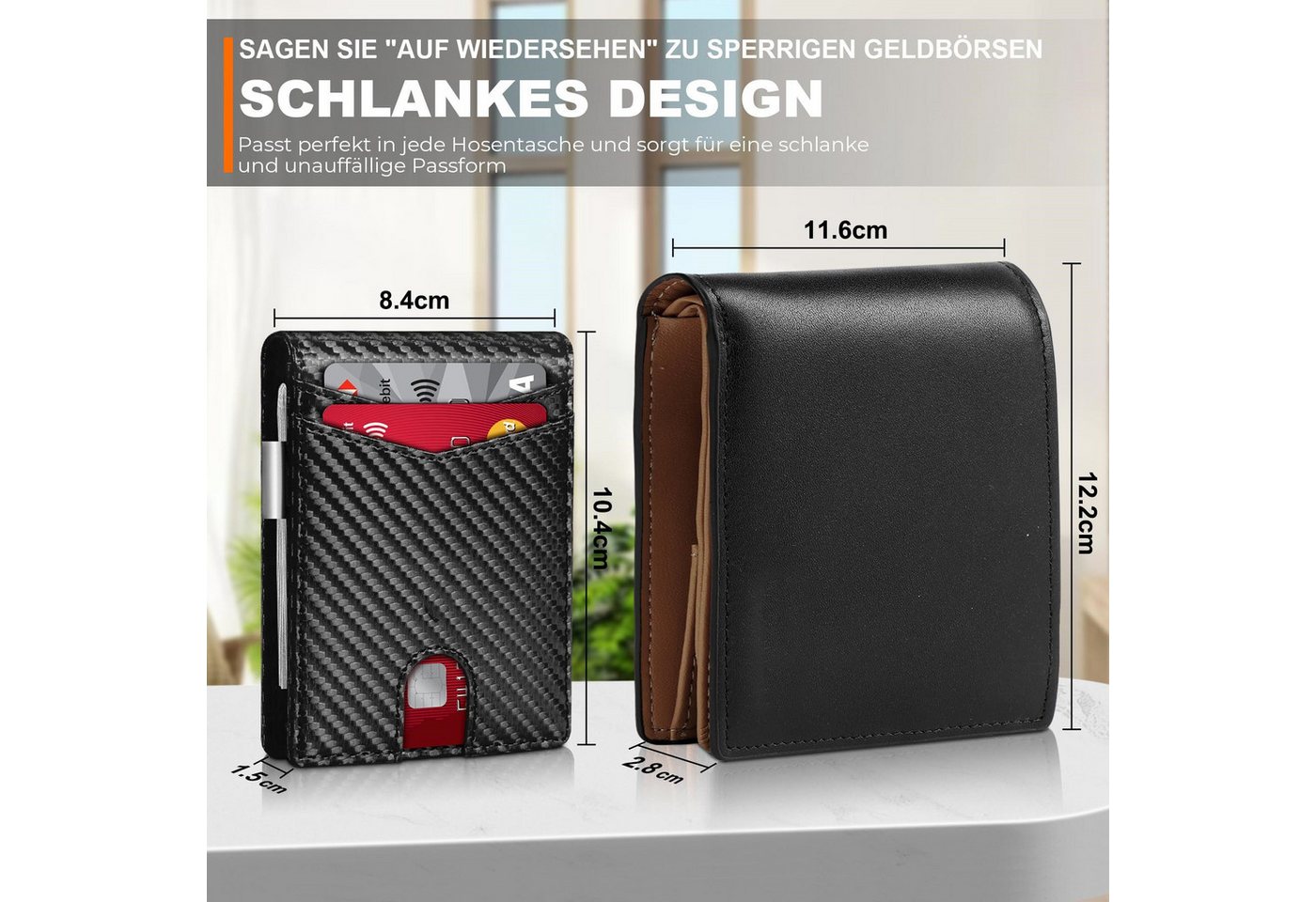 Forrlite Mini Geldbörse Geldbörse Herren Slim Wallet RFID Blocking Kohlefaserleder (Portmonee Herren mit 11 Kartenetui, Ausweisfenster, Geldscheinklammer, Minim – Bild 4 von 5