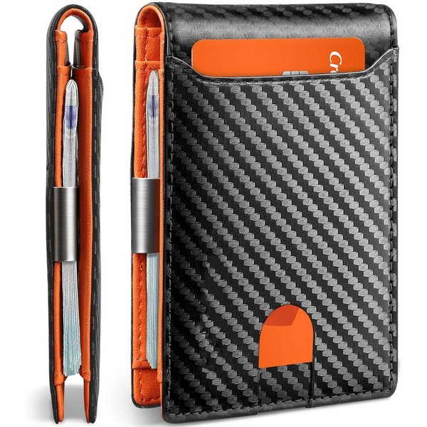 Forrlite Mini Geldbörse Geldbörse Herren Slim Wallet RFID Blocking Kohlefaserleder (Portmonee Herren mit 11 Kartenetui, Ausweisfenster, Geldscheinklammer, Minim