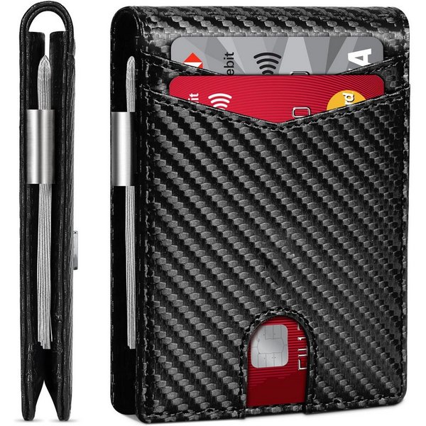 Forrlite Mini Geldbörse Geldbörse Herren Slim Wallet RFID Blocking Kohlefaserleder (Portmonee Herren mit 11 Kartenetui, Ausweisfenster, Geldscheinklammer, Minim