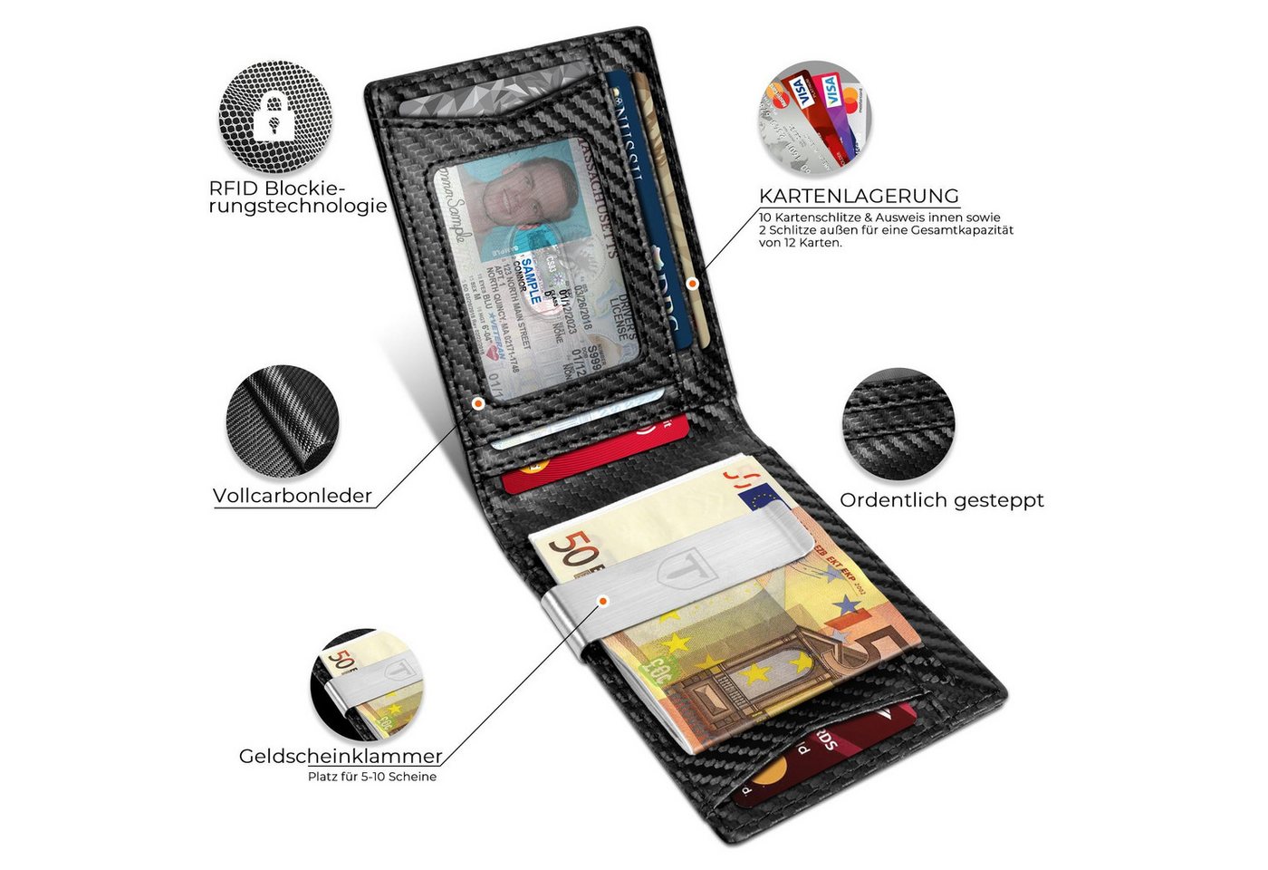Forrlite Mini Geldbörse Geldbörse Herren Slim Wallet RFID Blocking Kohlefaserleder (Portmonee Herren mit 11 Kartenetui, Ausweisfenster, Geldscheinklammer, Minim – Bild 2 von 5
