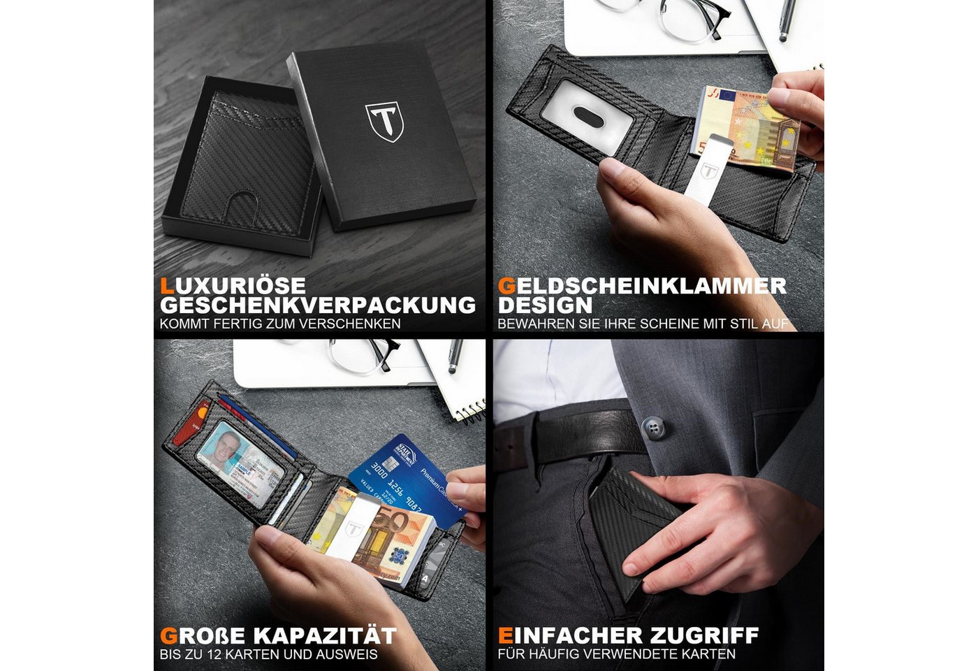 Forrlite Mini Geldbörse Geldbörse Herren Slim Wallet RFID Blocking Kohlefaserleder (Portmonee Herren mit 11 Kartenetui, Ausweisfenster, Geldscheinklammer, Minim – Bild 5 von 5